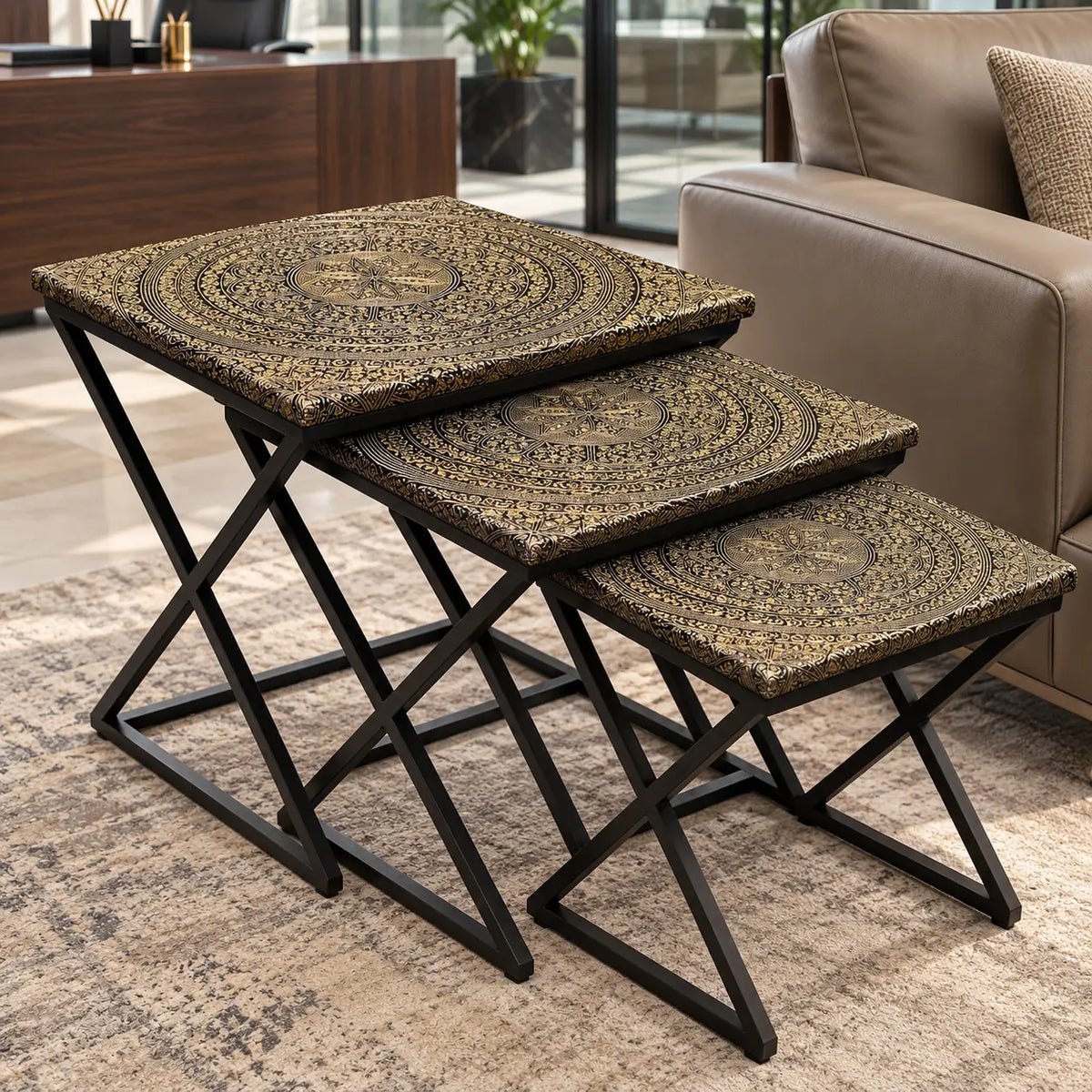 The Naqsh Trio – Gold & Black Engraved Nesting Tables