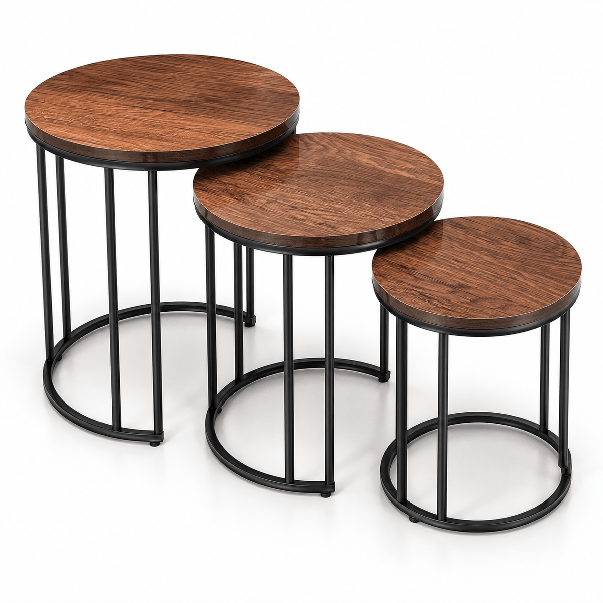 Wood & Black Steel Round Nesting Tables – Set of 3