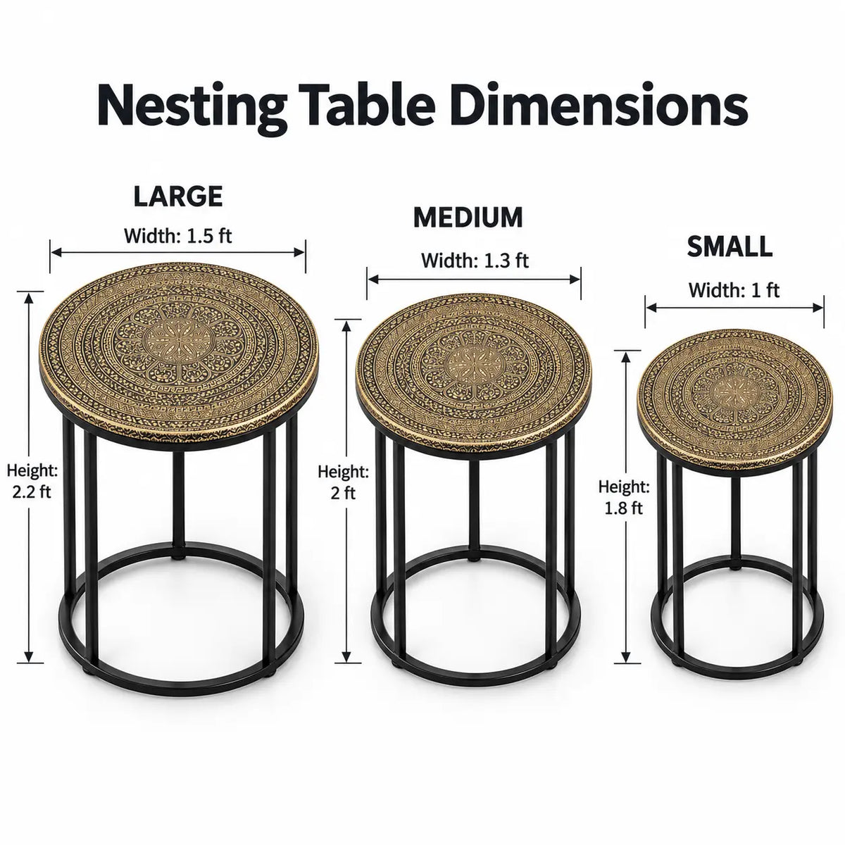 Royal Mandala Gold & Black Engraved Nesting Tables – Set of 3