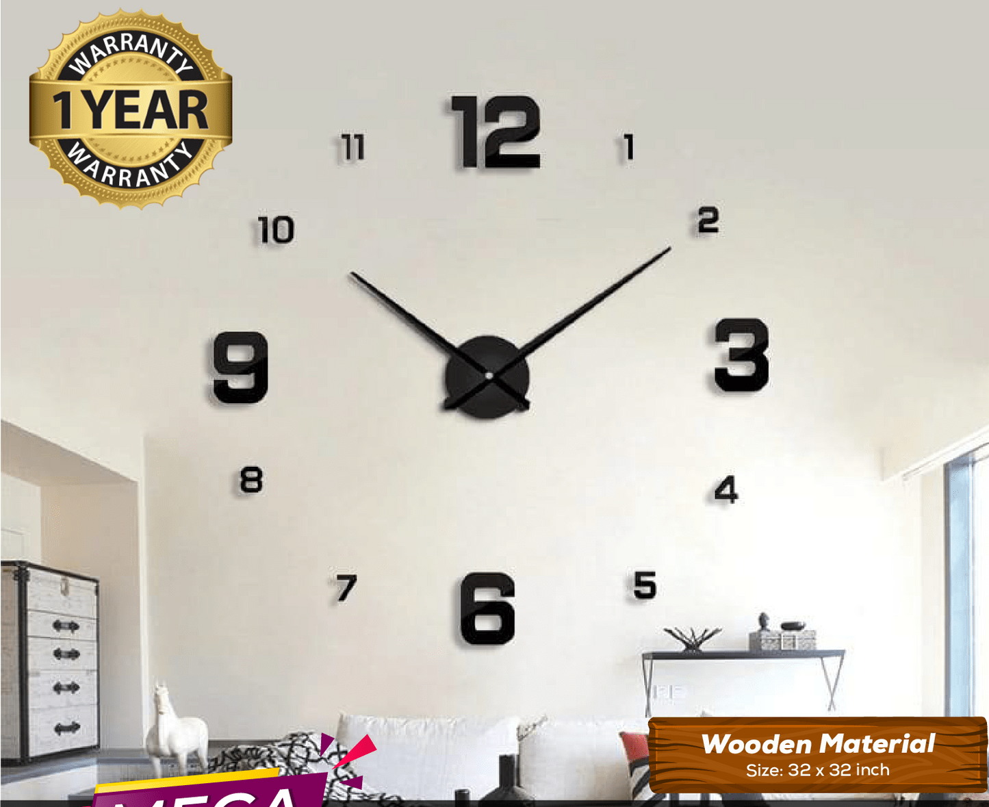 LARGE SIZE WOODEN DIY CLOCK WITH 12 INCHES NEEDLES