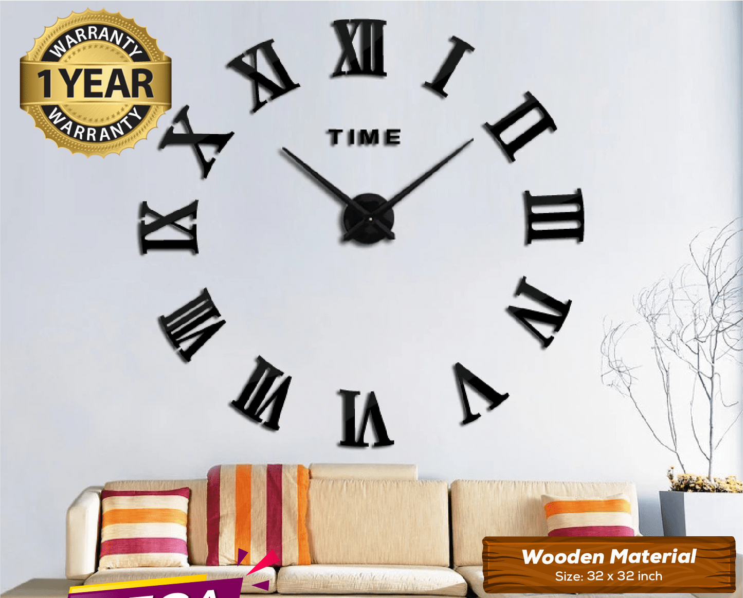 LARGE SIZE WOODEN DIY CLOCK WITH 12 INCHES NEEDLES