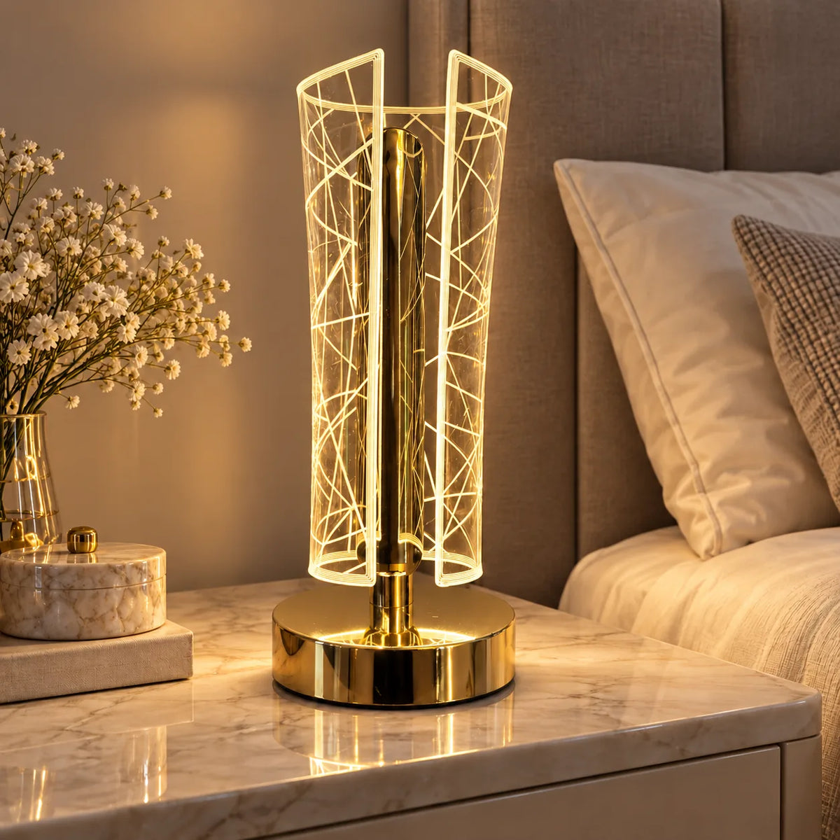 The LumaLine – Gold Geometric LED Table Lamp with touch control and Type-C charging