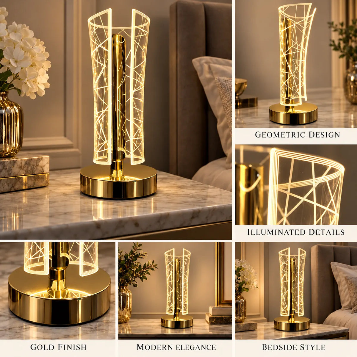 The LumaLine – Gold Geometric LED Table Lamp with touch control and Type-C charging