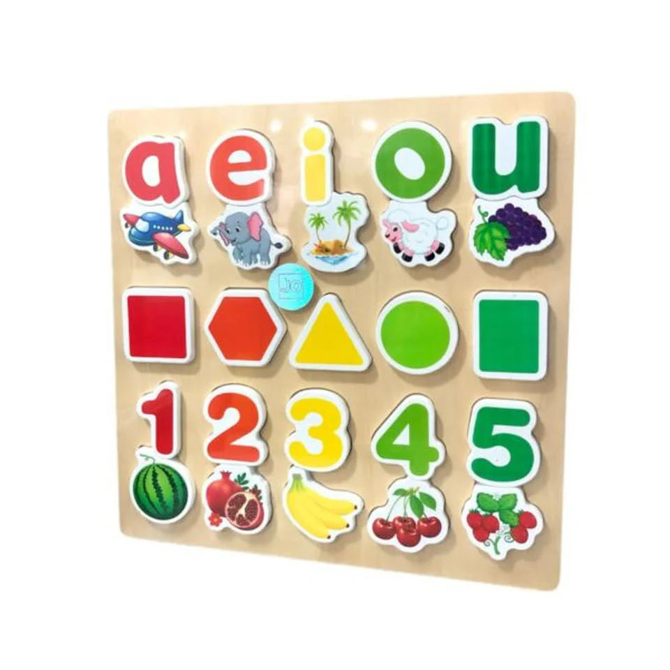 3in1 Wooden Montessori Educational Board (vowels, Numbers, Shapes) large 12x12 inches