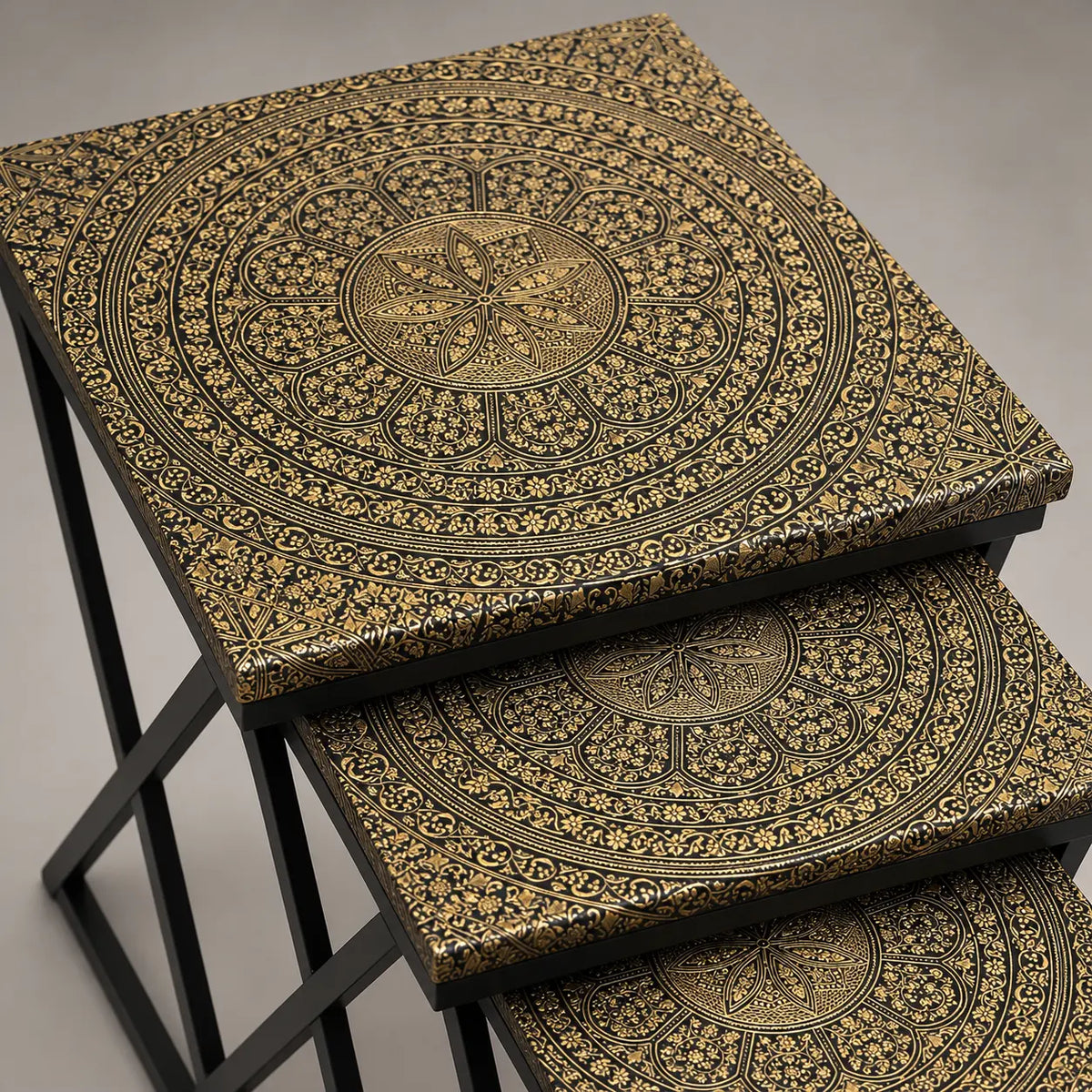 The Naqsh Trio – Gold & Black Engraved Nesting Tables