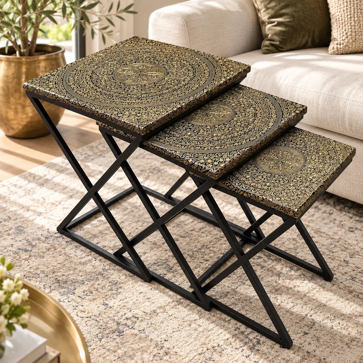The Naqsh Trio – Gold & Black Engraved Nesting Tables