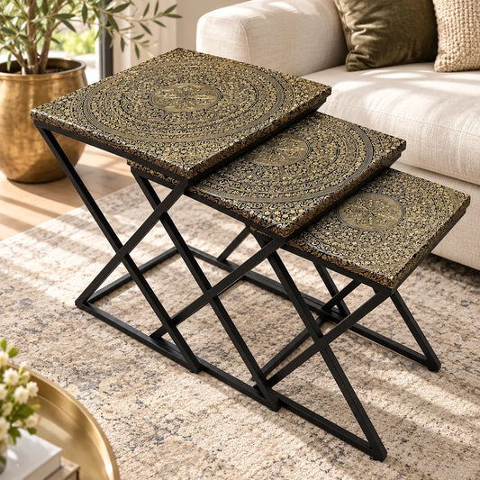The Naqsh Trio – Gold & Black Engraved Nesting Tables