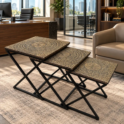 The Naqsh Trio – Gold & Black Engraved Nesting Tables