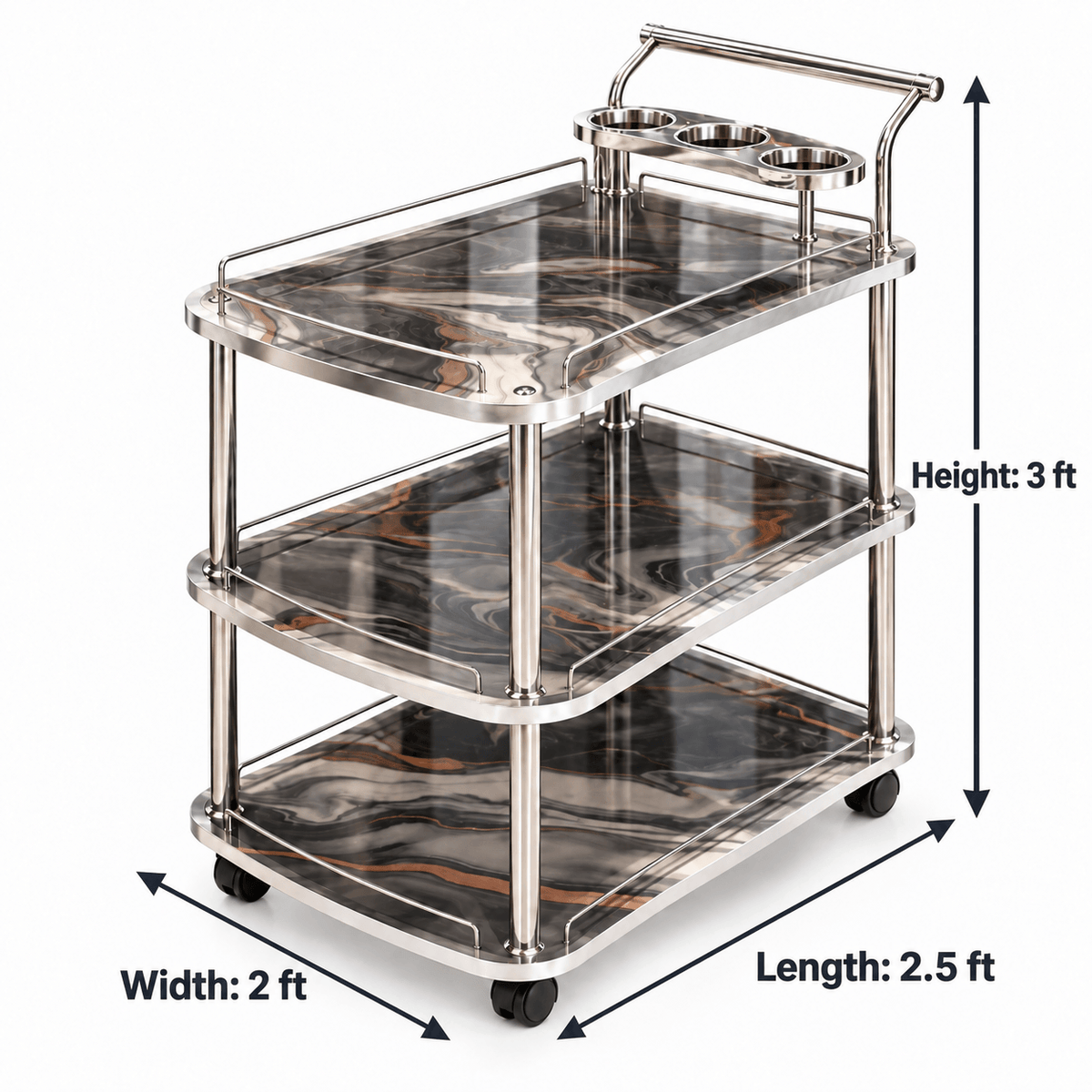 3-Tier Wooden & Steel Kitchen Serving Trolley