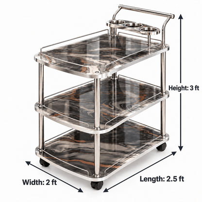 3-Tier Wooden & Steel Kitchen Serving Trolley