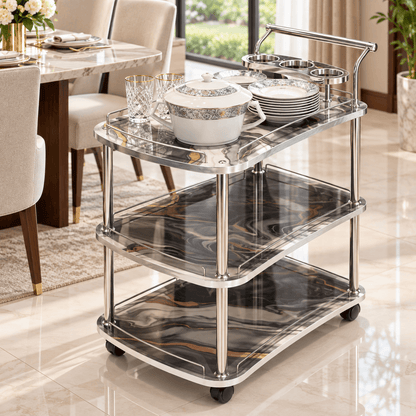 3-Tier Wooden & Steel Kitchen Serving Trolley