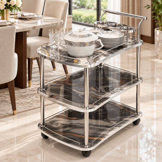 3-Tier Wooden & Steel Kitchen Serving Trolley