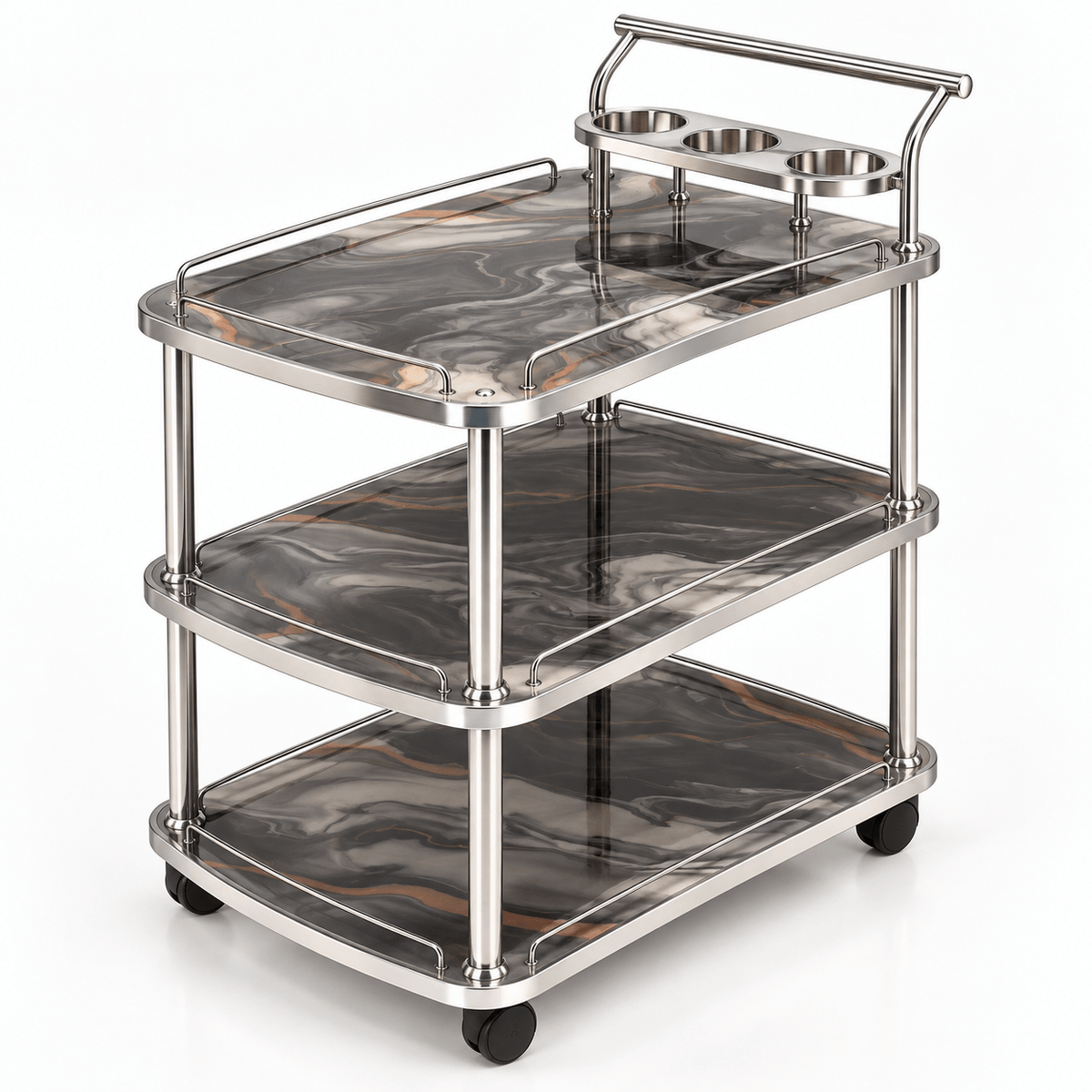 3-Tier Wooden & Steel Kitchen Serving Trolley