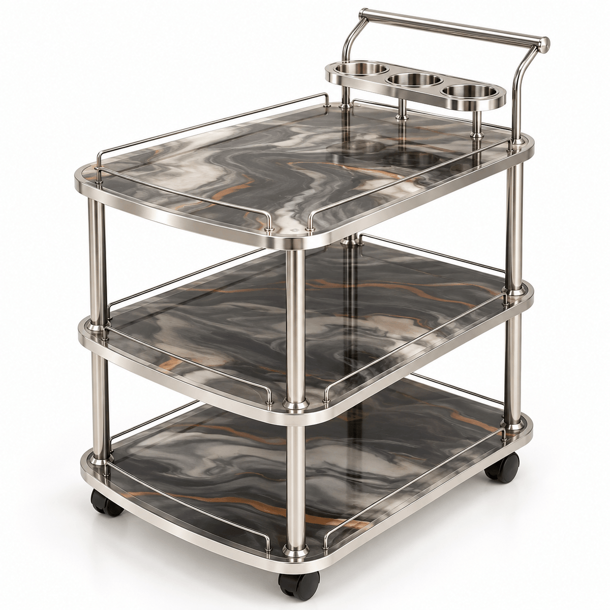 3-Tier Wooden & Steel Kitchen Serving Trolley