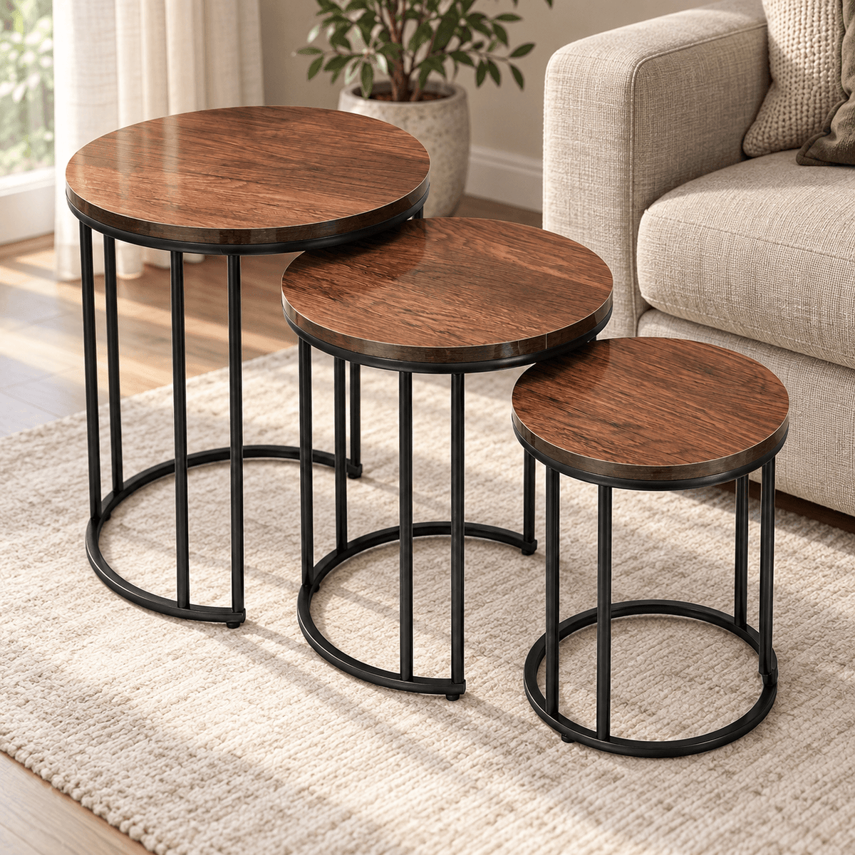Wood & Black Steel Round Nesting Tables – Set of 3