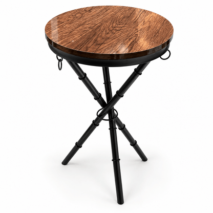 The Crosswood Round Side Table – Wood & Black Steel