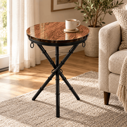 The Crosswood Round Side Table – Wood & Black Steel