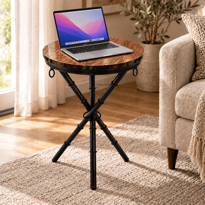 The Crosswood Round Side Table – Wood & Black Steel