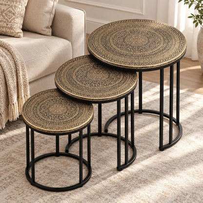 Royal Mandala Gold & Black Engraved Nesting Tables – Set of 3