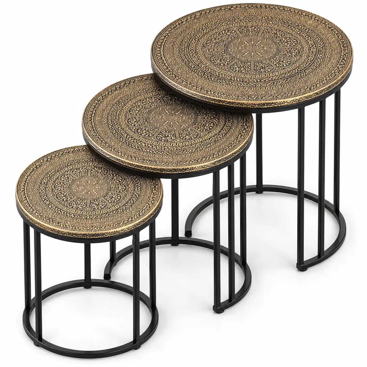 Royal Mandala Gold & Black Engraved Nesting Tables – Set of 3