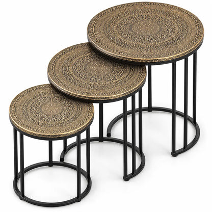 Royal Mandala Gold & Black Engraved Nesting Tables – Set of 3
