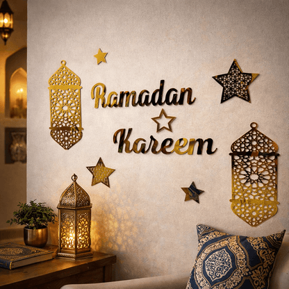 Ramadan Bundle 2: Metal Tray, Ramadan Kareem Table toper, Ramadan Kareem Acrylic Wall Scenery