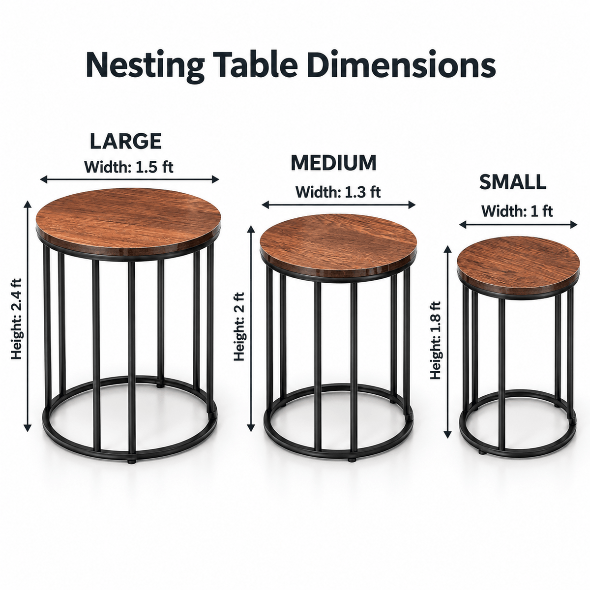 Wood & Black Steel Round Nesting Tables – Set of 3