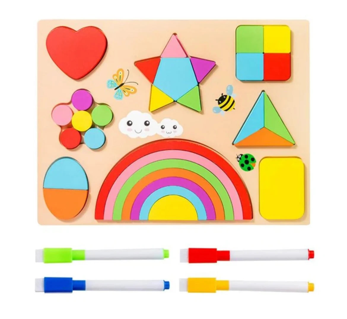 Large Size Kids Rainbow Shape Puzzle with Sketch Board on back with Markers