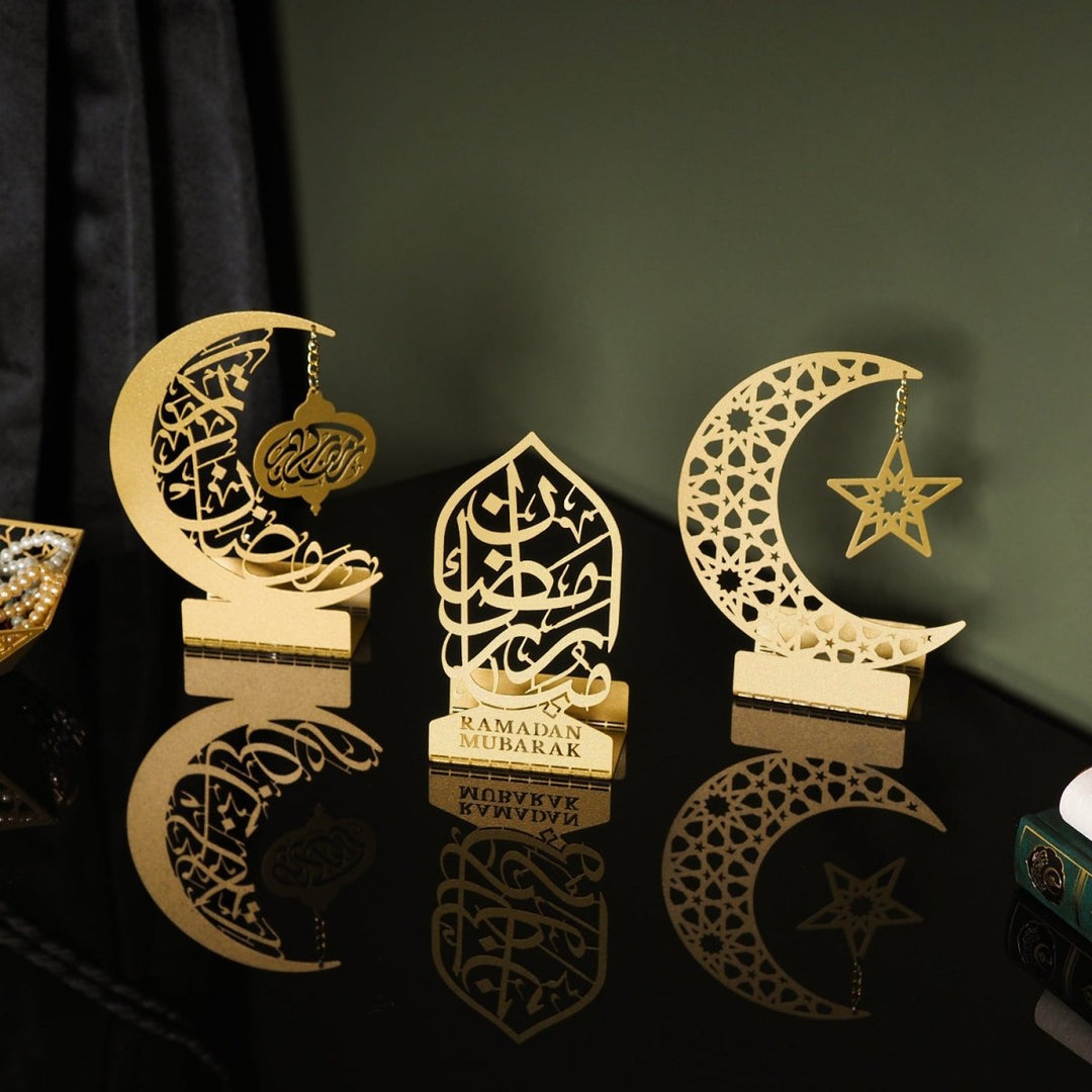 Ramadan Mubarak Set of 3 Golden Metal Candle/Dates Holder