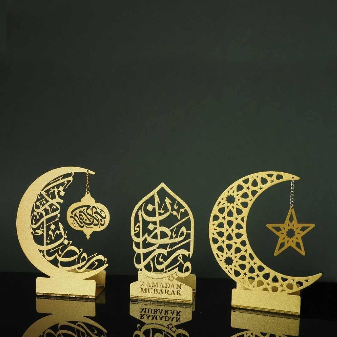 Ramadan Mubarak Set of 3 Golden Metal Candle/Dates Holder