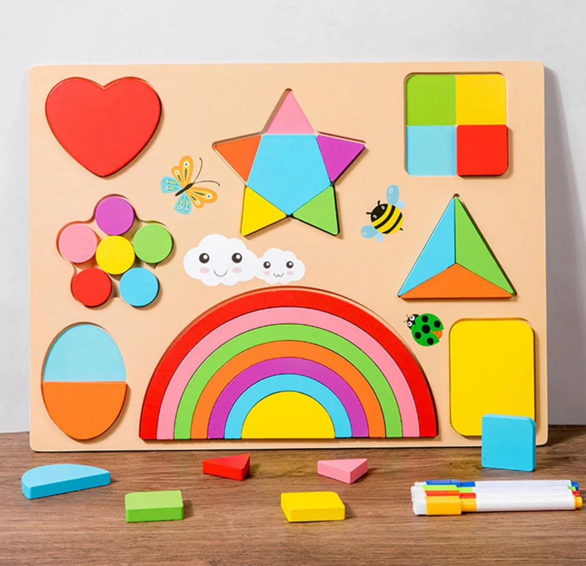 Large Size Kids Rainbow Shape Puzzle with Sketch Board on back with Markers