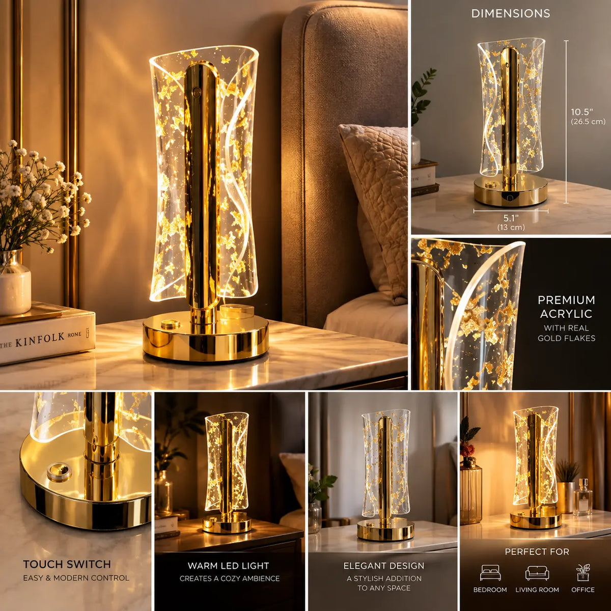The Aurelia Glow – Luxury Gold Leaf LED Table Lamp-Type C charging
