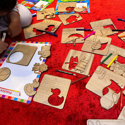 Kids Wooden Drawing Stencils English/Urdu/Mathematics Alphabets Learning Puzzle Toys