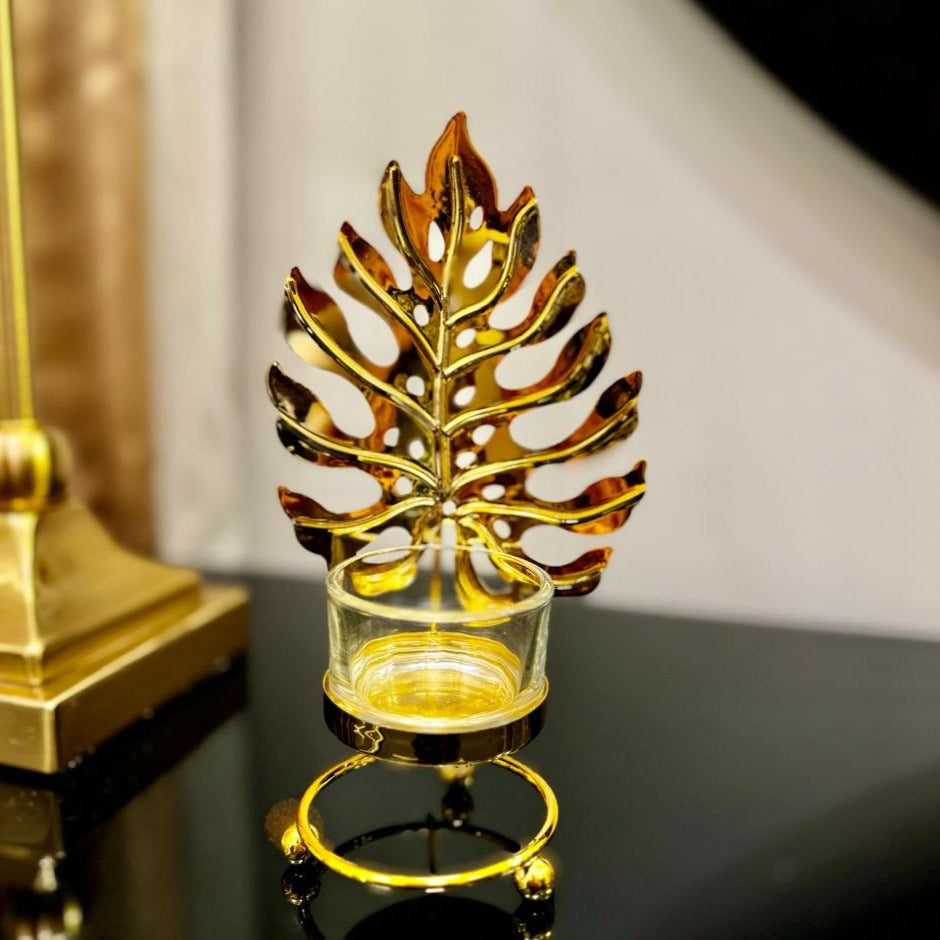 Metal Golden Leaf Decor Candle Holder.