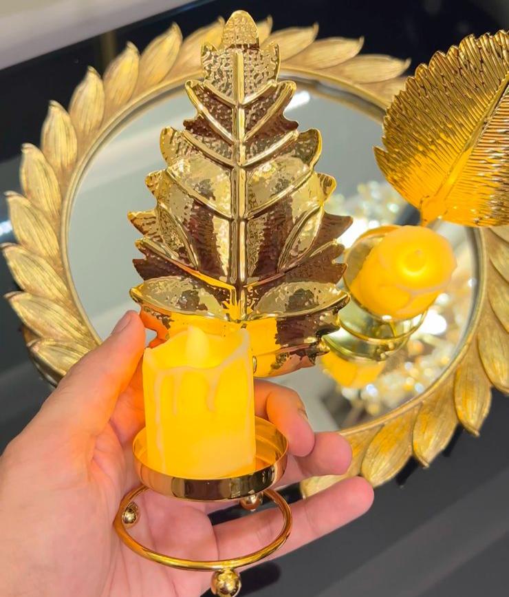 METAL GOLDEN LEAF DECOR CANDLE HOLDER with with Free LED Candle