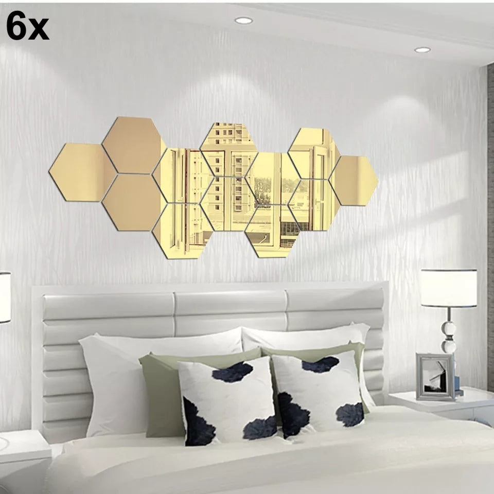 6x Acrylic Hexagon wall decor Mirror (Gold)