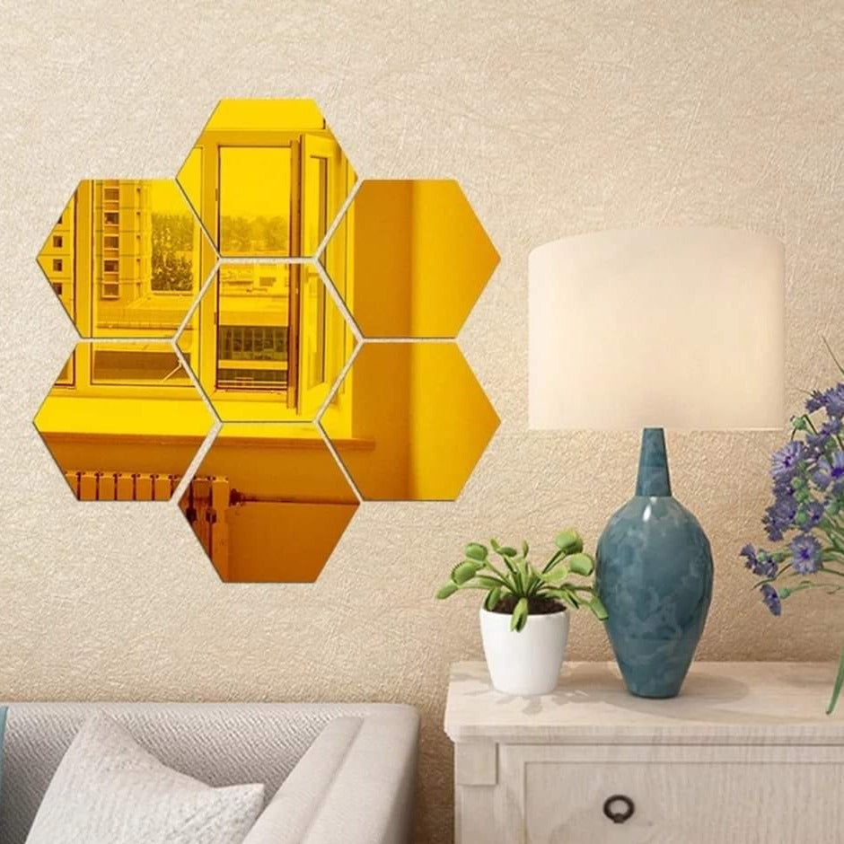 6x Acrylic Hexagon wall decor Mirror (Gold)